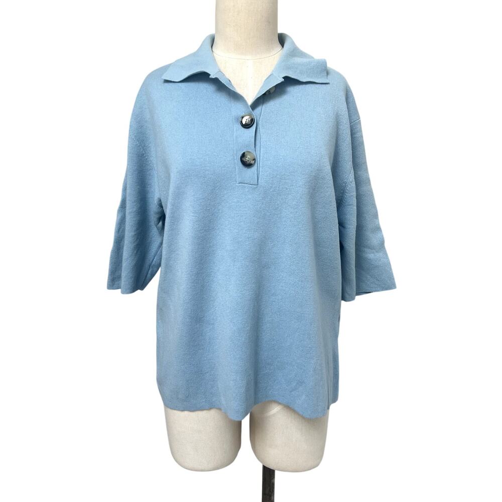 Allude Women Cashmere Polo Sweater Drop Shoulder Half Sleeve Baby Blue Large XL